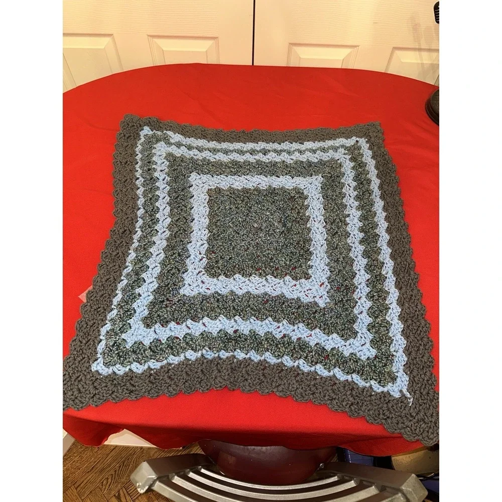 Crocheted Afghan Lap Blanket Gray Blue Green Size Small
